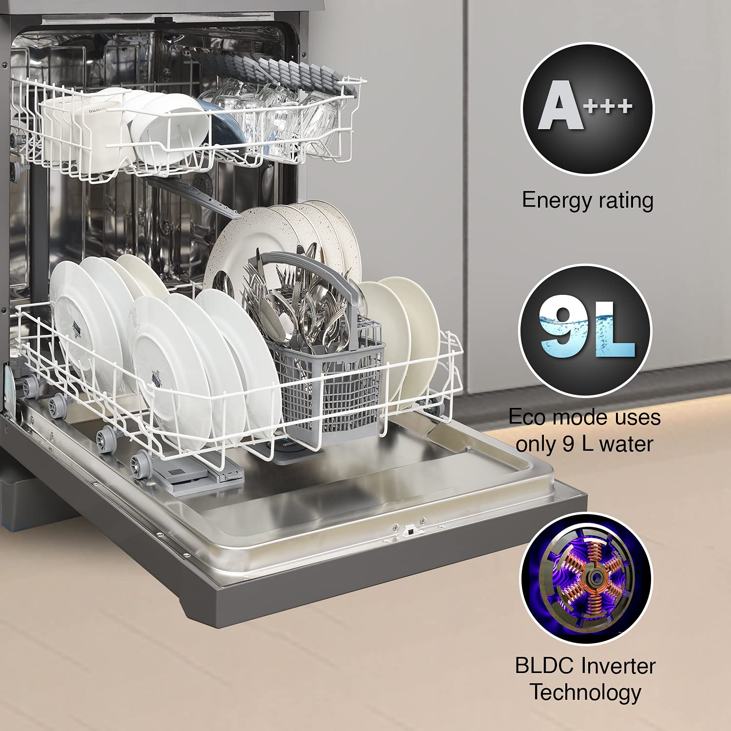 Godrej Eon Dishwasher |12 place setting | Anti-Germ CrystaLight powered by UV Technology | Extra Hygiene Function| Perfect for Indian Kitchen| A+++ Energy rating | DWF EON VES 12B UTI GPGR