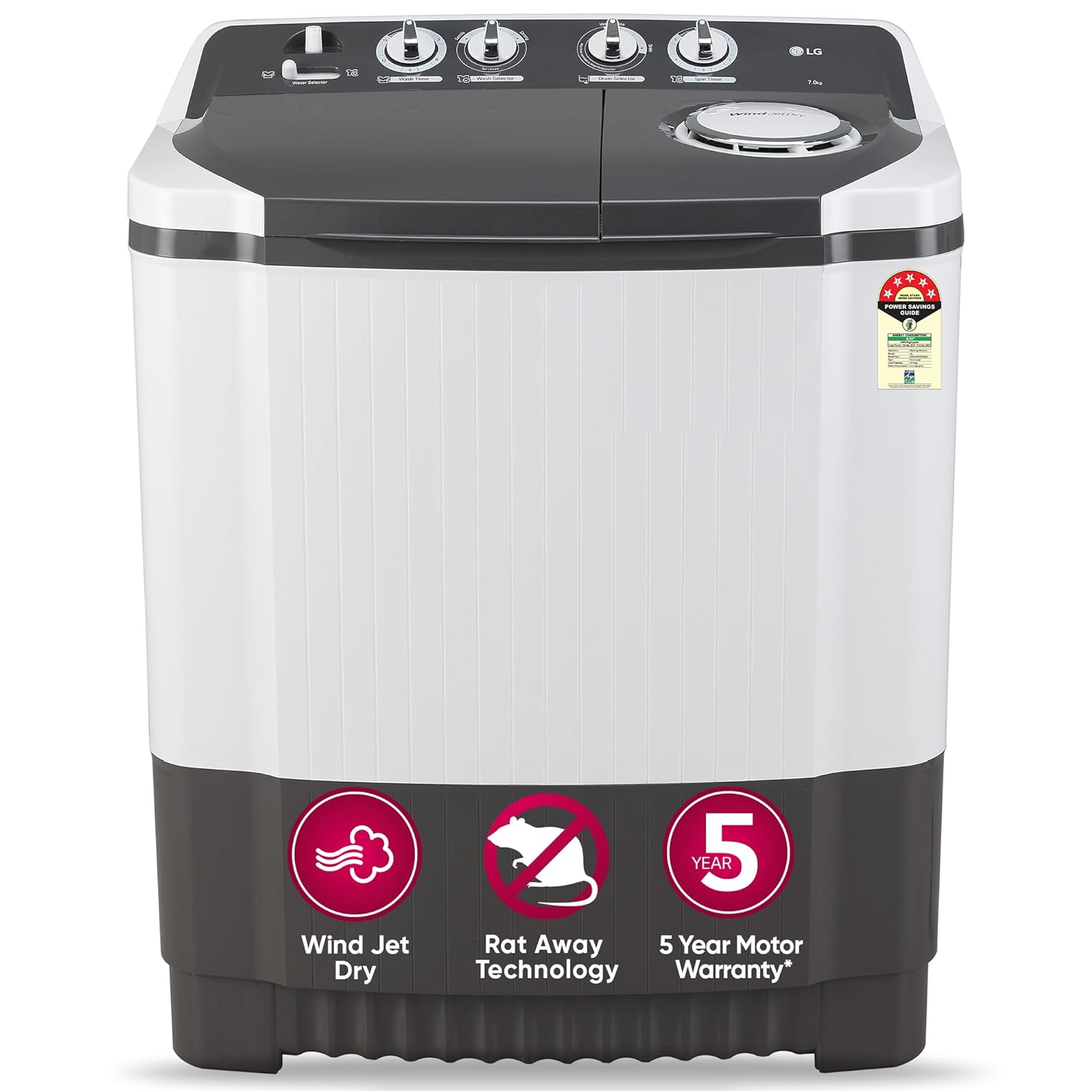 LG 7 Kg 5 Star Wind Jet Dry Semi-Automatic Top Loading Washing Machine (P7010NGAZ)