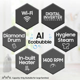 Samsung 8 kg, 5 star, Eco Bubble Technology, AI Control, Wi-Fi, Digital Inverter, Motor, Fully-Automatic Front Load Washing Machine (WW80T504DAX1TL, Hygiene Steam, Inox)
