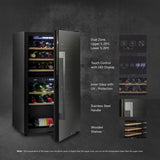 Kaff WC 76 DZ FreeStanding Wine Cooler Refrigerator Dual Zone 76 Litre 29 Bottles Approx. with UVProtection Inner Glass Child Lock Wooden Shelves Wine Fridge for Red White Champagne Black