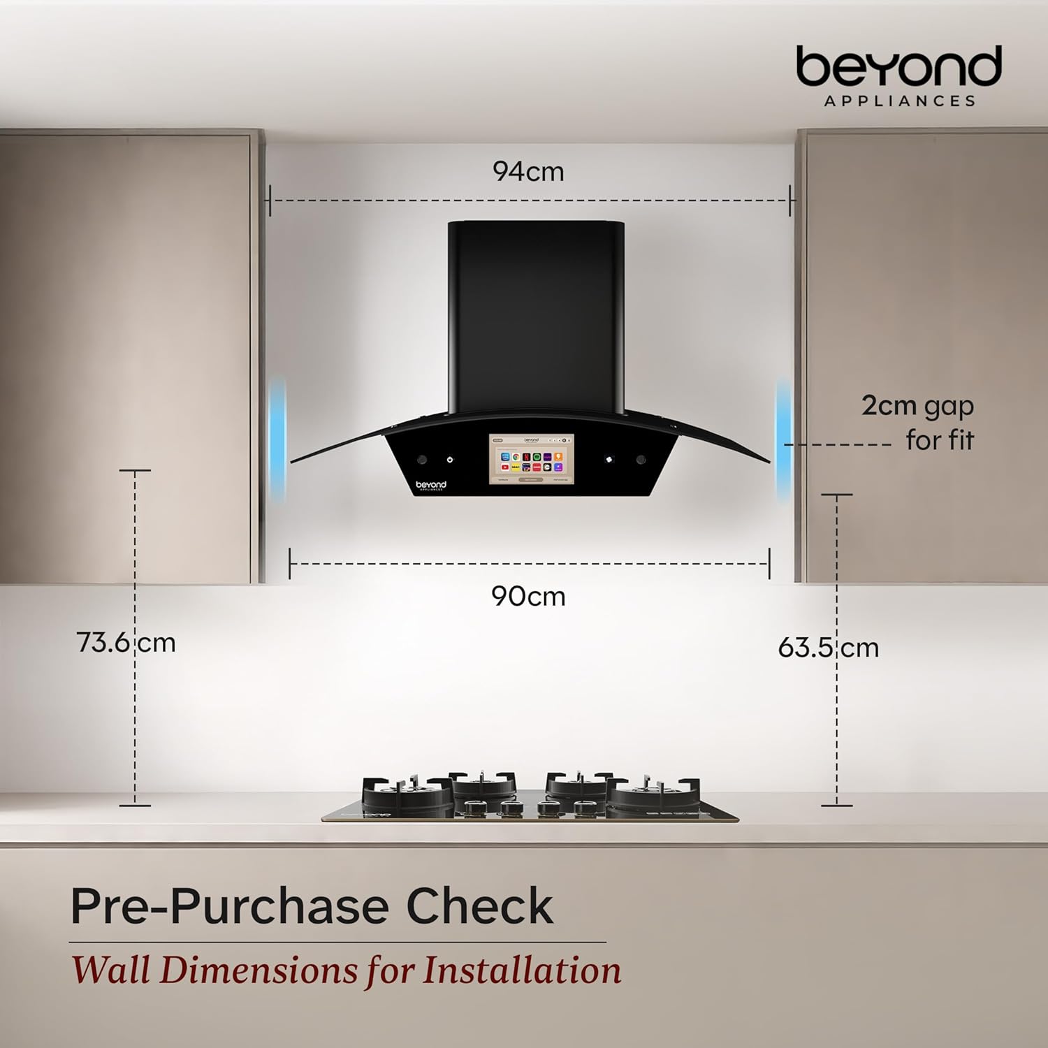 Beyond Appliances Asteria 90cm BLDC Auto Clean Kitchen Chimney | 1800 CMH Suction | Filterless | Curved Glass | Smart Screen & Speakers | Touch Control | Black(BA-CR-AS-AD-BL-90-CH)