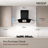 Beyond Appliances Asteria 90cm BLDC Auto Clean Kitchen Chimney | 1800 CMH Suction | Filterless | Curved Glass | Smart Screen & Speakers | Touch Control | Black(ASTERIA BLDC 90/BA-CR-AS-AD-BL-90-CH)