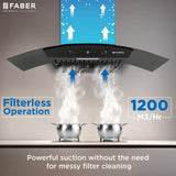 Faber 90 cm 1200 m³/hr Autoclean Curved Chimney| Black Filterless with Oil Collector | Touch & Gesture Control | Hood Venice IN HC SC FL BK 90