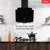 Hindware Kyra 60cm 1000 hr Low Noise Angular Designer Kitchen Chimney With Cassette Filter Touch Control Dual LED Lamps and Touch Control Black