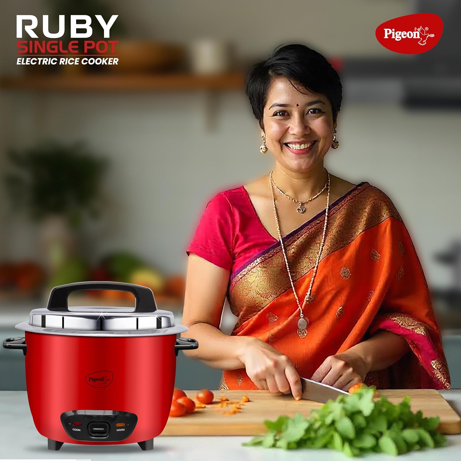Pigeon by Stovekraft Ruby Rice Cooker with Single pot, 1.8 litres.(Red) | Stainless Steel Lid | 700 Watts | 1 Aluminium Cooking Pot | Measuring Cup| Spatula | Energy Efficient Cooking
