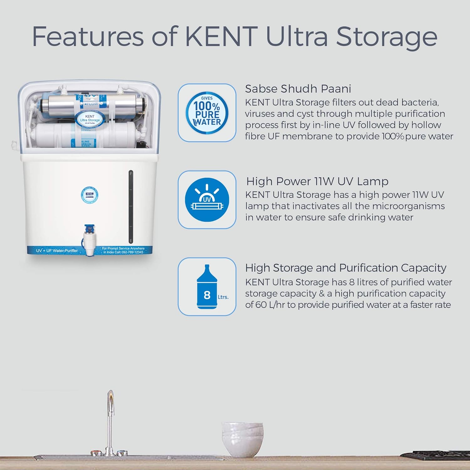 KENT ULTRA STORAGE 8 L UV + UF Water Purifier Suitable only for Municipality Water Supply (Blue)
