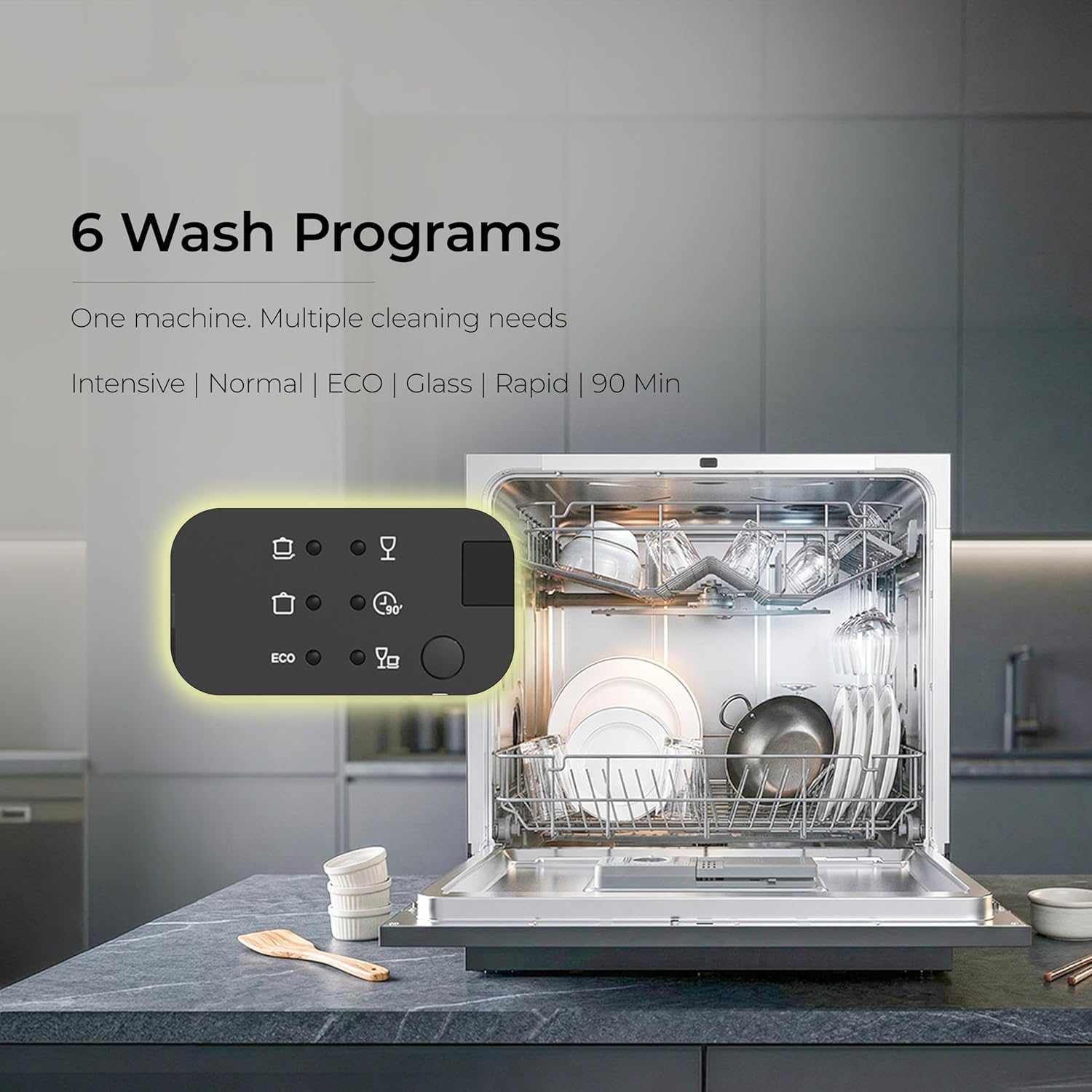 Midea 8 Place Setting Countertop Dishwasher, 6 Wash Programs, Intensive Wash, Water Efficient MDWTT0802D(B) (Portable Table Top, Compact Design, Suitable for Indian Utensils, Small Family Use)