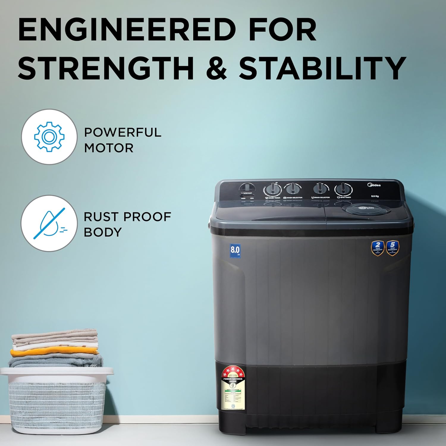 Midea Washing Machine Semi Automatic 8.0 KG Plastic Lid Black Grey,MWMSA080PPG(KG)