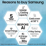 Samsung 1.5 Ton 3 Star AI Inverter Smart Split AC (WiFi, Energy Saving, Voice Control, Powerful Cooling, Copper, Digital Inverter, 4 Way swing, 5 Step Convertible, BESPOKE AI AR50F18D1LHNNA)