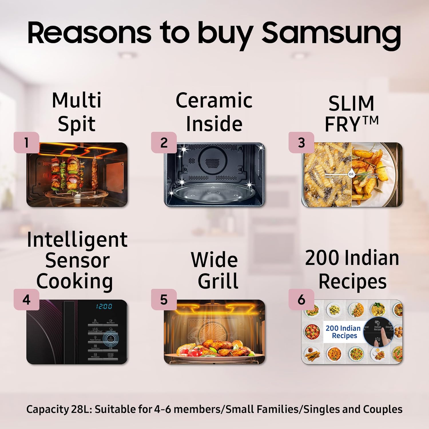 Samsung 28 L Slim Fry, Sensor Cook and Multi Spit Convection Microwave Oven (MC28A5145VR/TL, Black and Pattern, Ceramic Enamel Cavity