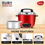 Pigeon by Stovekraft Ruby Rice Cooker with Single pot, 1.8 litres.(Red) | Stainless Steel Lid | 700 Watts | 1 Aluminium Cooking Pot | Measuring Cup| Spatula | Energy Efficient Cooking