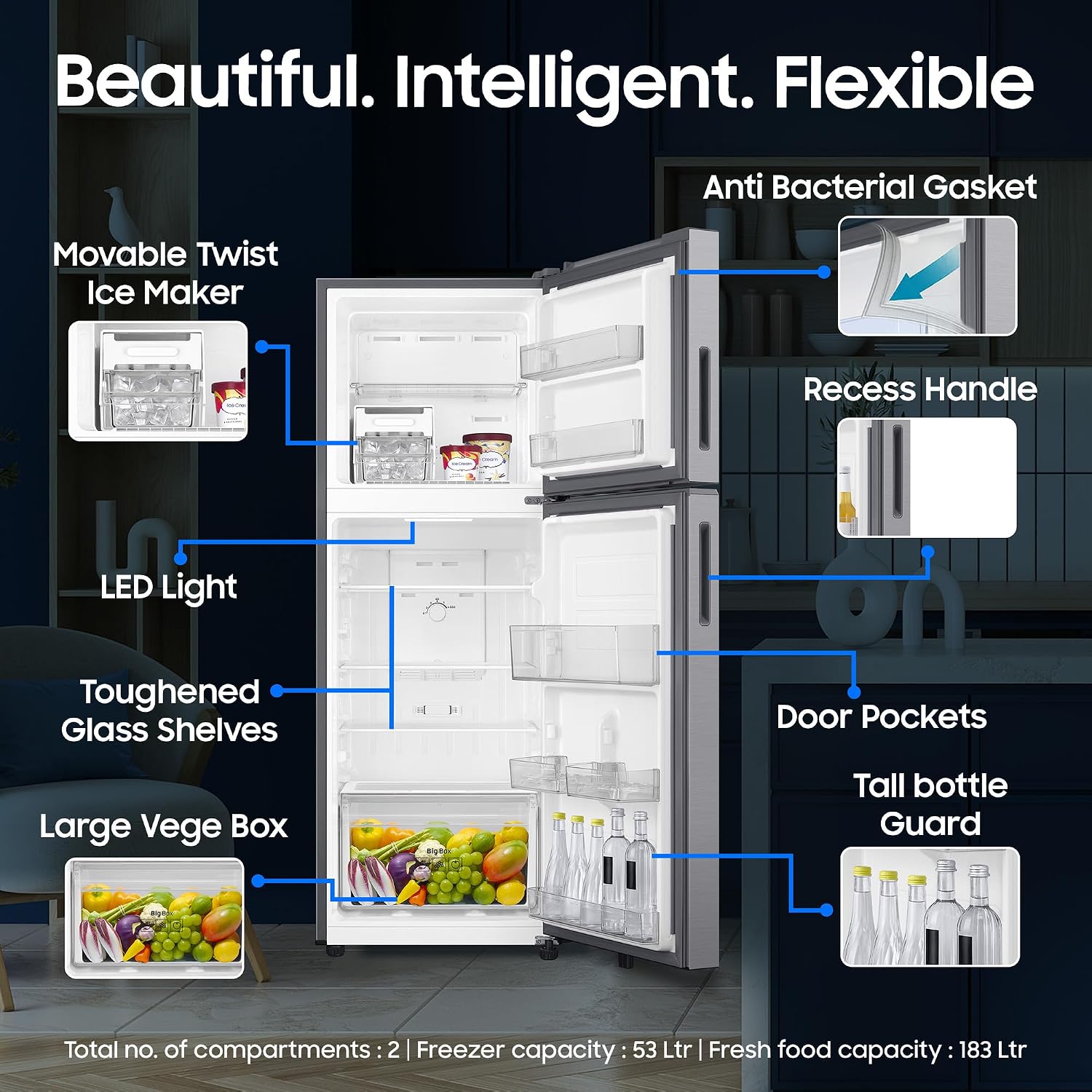 Samsung 236 L, 2 Star, Digital Inverter, Frost Free Double Door Refrigerator (RT40H28W2QHL, Gray Silver, 2026 Model)