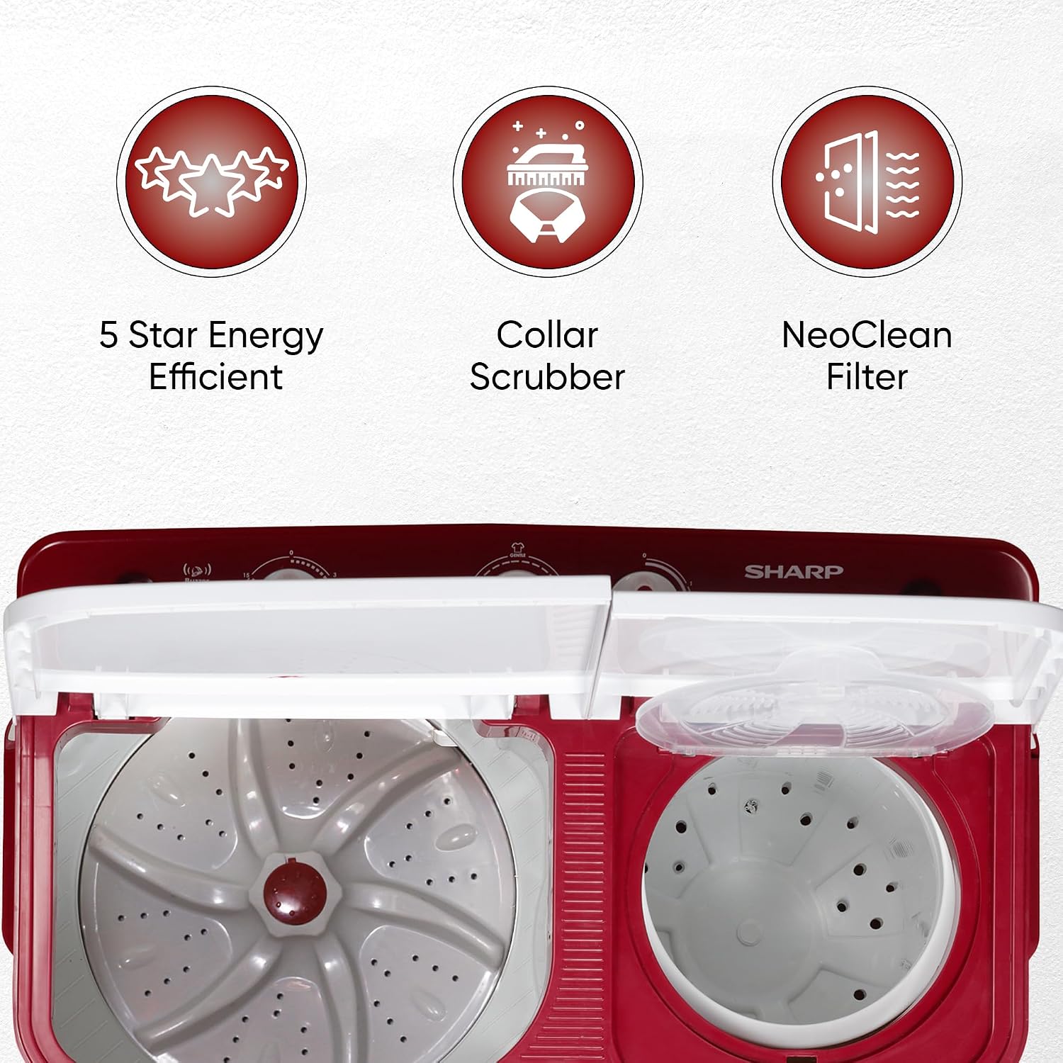 SHARP 7 kg, 5 star with E-Spin Pulsator,Semi-Automatic Top Loading Washing Machine, 1300 RPM (ES-SD70NB-FR, Ruby Red, Pure Wave)