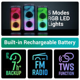 ZEBRONICS 120 Watts Party Speaker with 2 Wireless Mic, 7 hrs Playtime, Karaoke & Recording Function, TWS, Bluetooth, USB, AUX, mSD, RGB Modes (Thump 700)