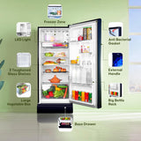 Haier 190L 5 Star Direct Cool Single Door Refrigerator | 3 Toughened Glass Shelves | Fast Ice Making in Just 60 minutes | Large Veg Box| Easy Clean Back (HED-205MDB-P, Marine Dahelia, Base Stand)