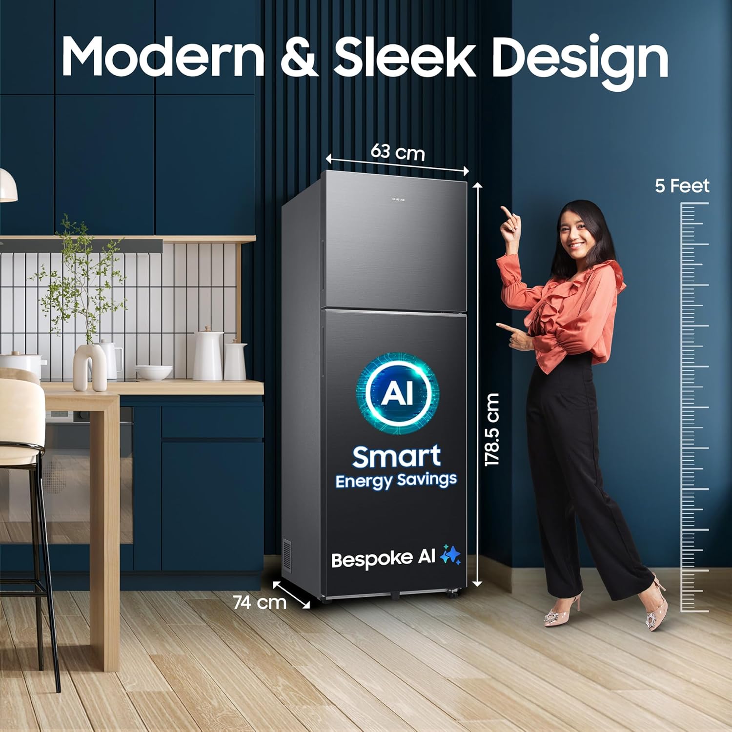 Samsung 350 L, 3 Star, Convertible 5-in-1, Digital Inverter, Frost Free Double Door, WiFi Bespoke AI Refrigerator (RT38HG5A23BXHL, Luxe Black, )