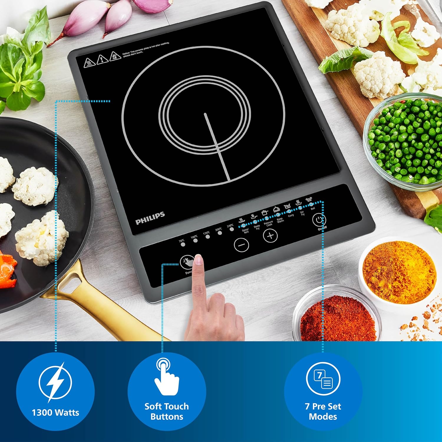 Philips HD4934/00 1300W Induction Cooktop with Triple MOV for 4kW surge protection with soft touch control