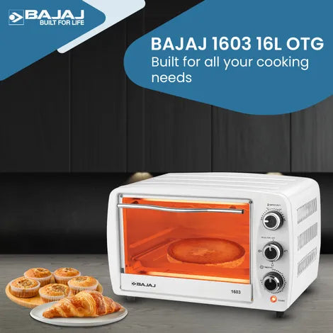 Bajaj 1603T 16 Litres Oven Toaster Grill (16L OTG) With Baking & Grilling Accessories 1200 W Oven For Kitchen With Transparent Glass Door White