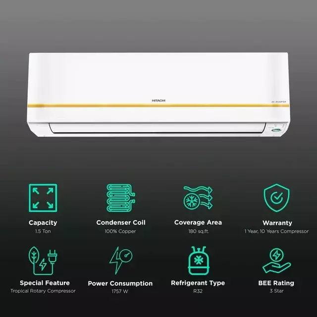 Hitachi 2025 Model 1.5 Ton 3 Star Split Inverter AC (RSM318HFEOBWL/CSM318HFEOBWL/ESM318HFEOBWL, White Gold)