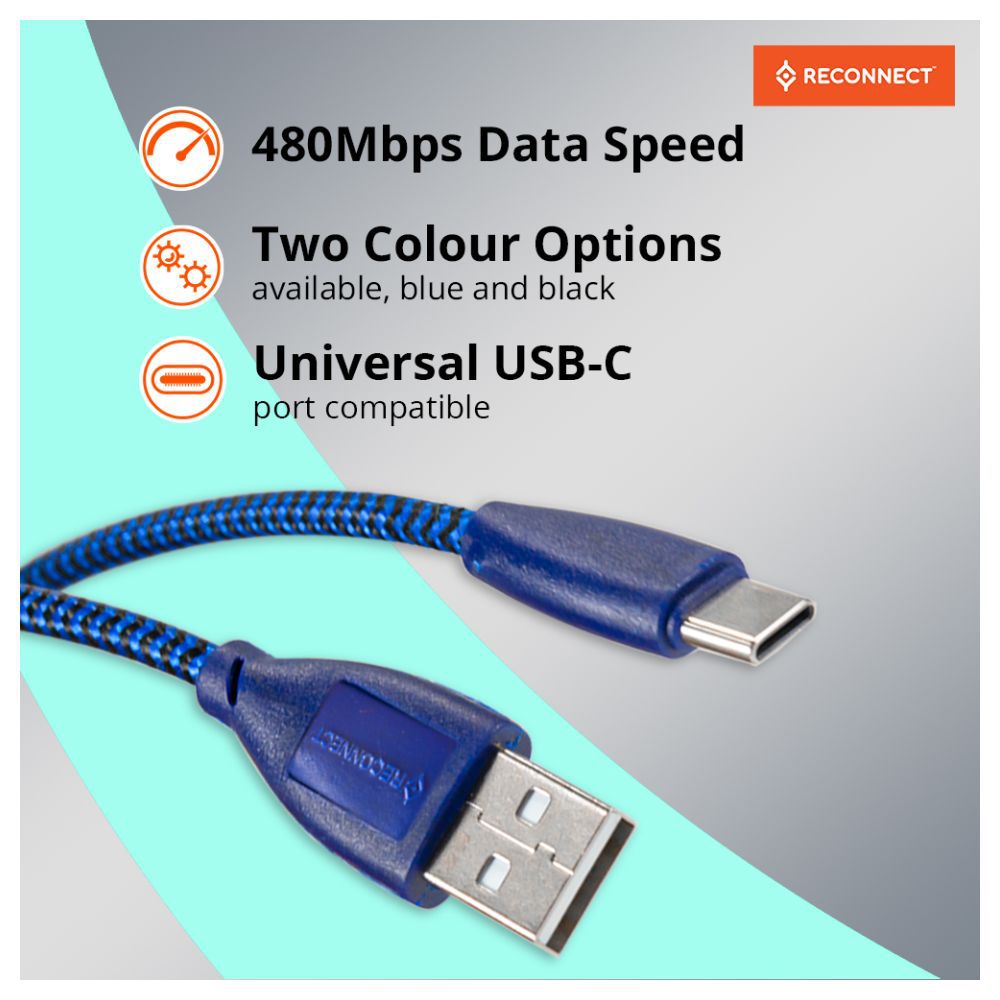 Reconnect USB A to C Braided cable BLUE