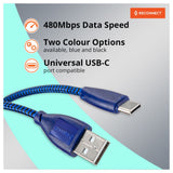 Reconnect USB A to C Braided cable BLUE