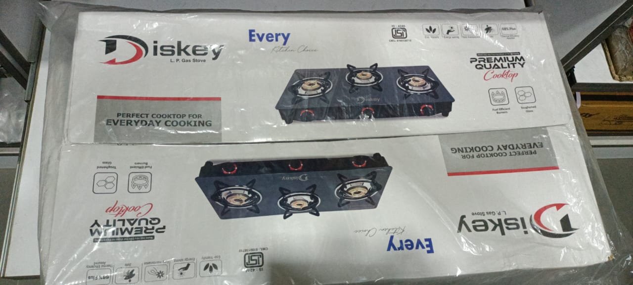 Diskey Glass Top Gas Stove Mild Steel Body 3 Burner DREAM-3B-TG-8200