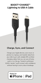 Belkin Apple Certified PVC Lightning to USB-A Charge and Sync Type A Cable, Tough and Durable, For iPhone, iPad, Air Pods, 3.3 Feet (1 Meter) - Black