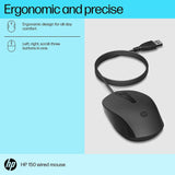 HP 150 Wired Mouse- Elegant Ergonomic Design, 1600 DPI Optical Tracking, USB Plug & Play / 3 Years Warranty (240J6AA), Black