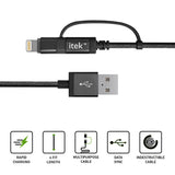 Itek CBL013-BK 2-in-1 USB to Micro USB, Lightning Rapid Charge Cable, Black