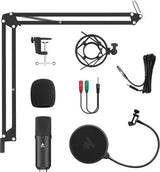 MAONO AU-A03 Condenser Microphone Kit Podcast Mic with Boom Arm Microphone Stand (Black)