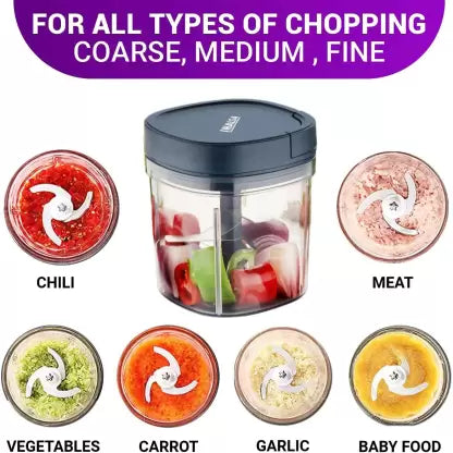 Inalsa Manual Chopper Chop It XL - Six Layer SS Chopping Blade | Coarse, Medium, Fine for All Types of Chopping | 900 ml Capacity | Anti Skid Base (Navy Blue, Plastic)