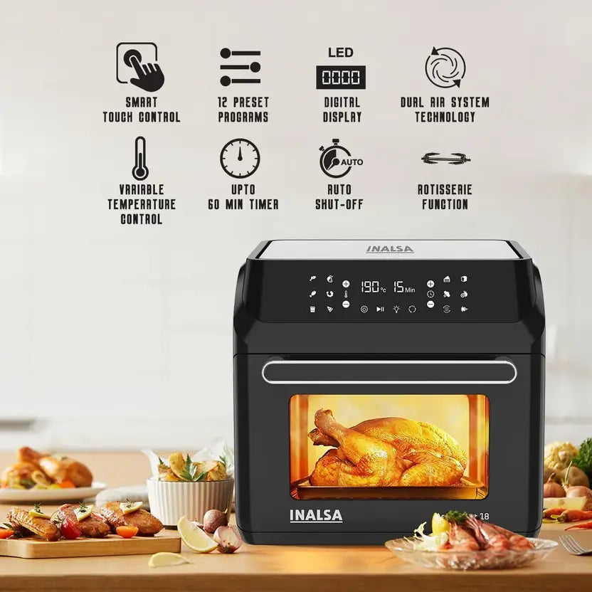 INALSA Air Fryer Oven Aero Smart-18 L| 1700 W-12 Preset Programs| Roast, Reheat, Dehydrate, Bake| Rotisserie & Convection| 8 Accessories