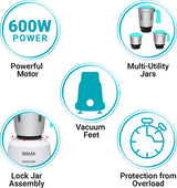 Inalsa Mixer Grinder Dash 600 (3 Jar, White & Blue)