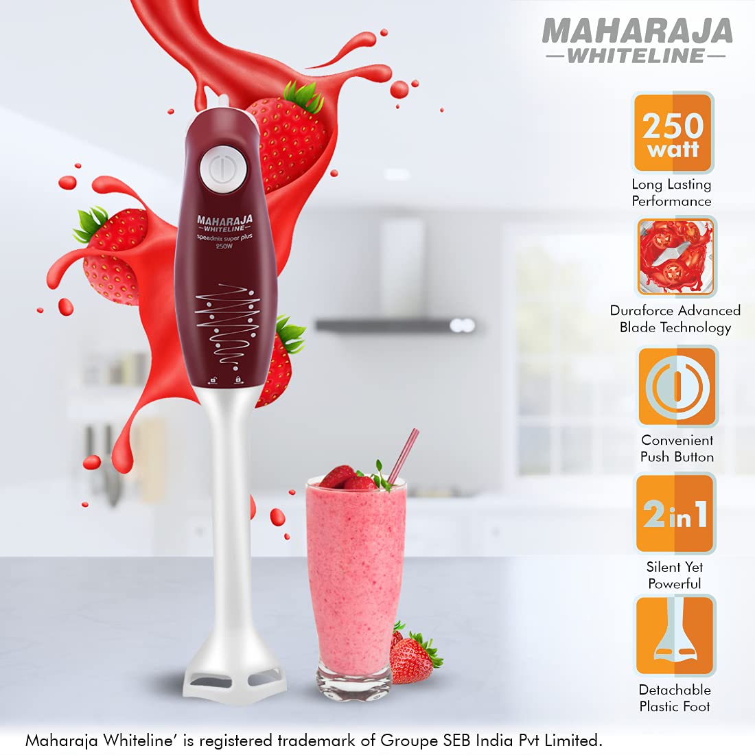 Maharaja Whiteline Plastic Speedmix Super Plus Hand Blender, 250W, Duraforce Advanced Blade Technology, 800Ml Multi-Purpose Jar, Cherry Red & White, Standard, 250 Watt