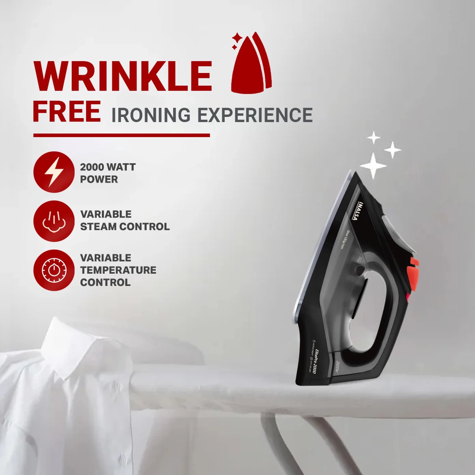 INALSA Steam Iron 2000W &130g/min Steam Shot|Self Clean,Anti Calc Function|Scratch Resistant Ceramic Soleplate|Large Capacity 270 ml Water Tank|Vertical Steam,Elite Pro 2000