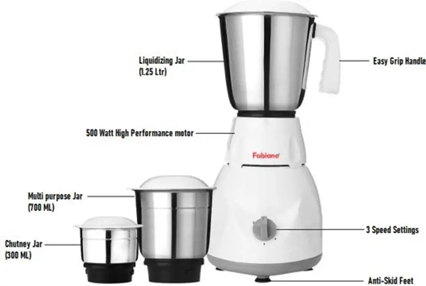 Fabiano 500W Mixer Grinder (White & Grey, 3 Jars)