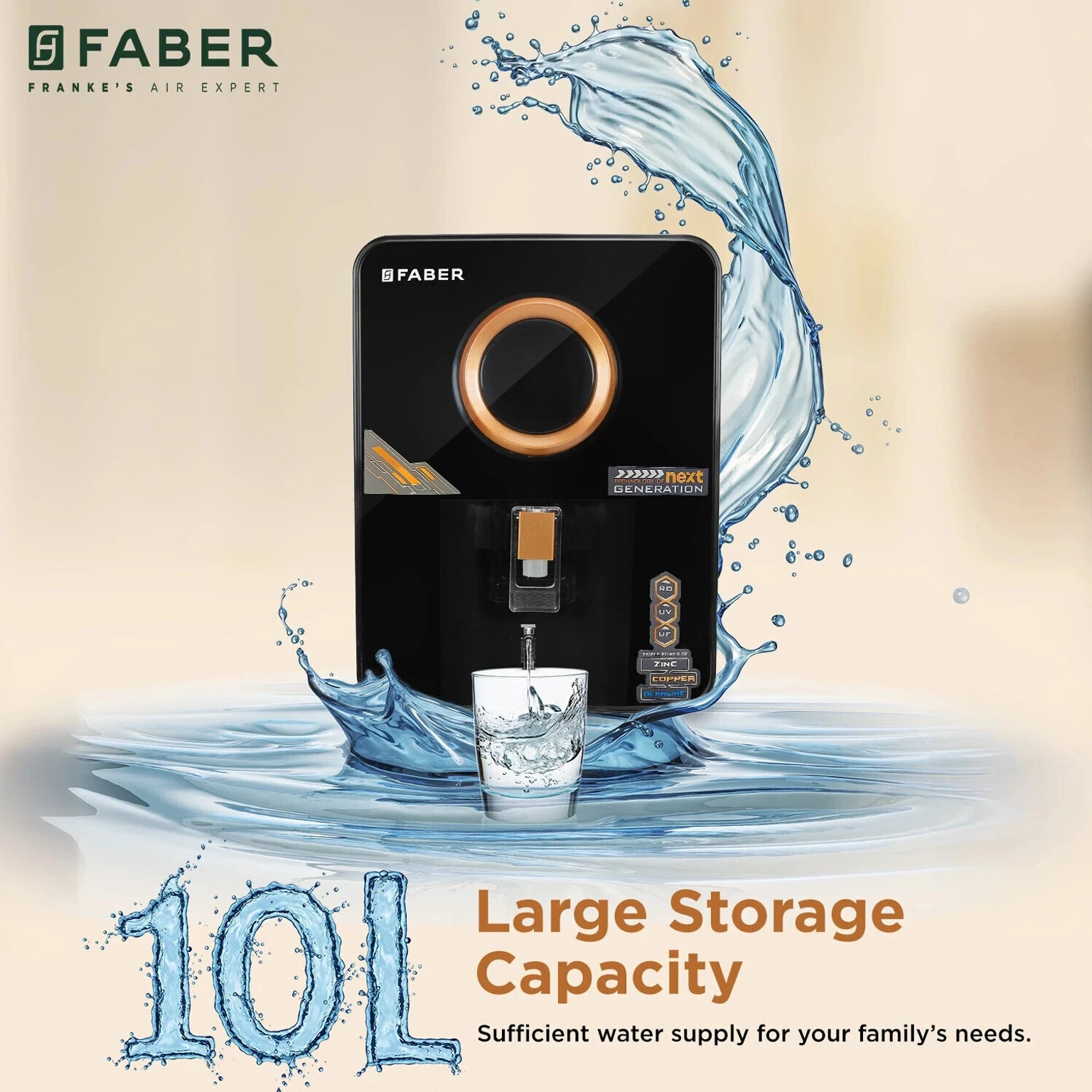 Faber FWP Altroz Gold 10 L RO + UV + UF + Alkaline + Copper + Zinc Water Purifier 30 Months Zero Maintenance Cost | Upto 2500 PPM | Suitable for Borewell,Tank & Municipal Water (Black)