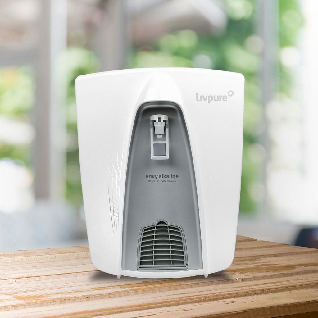 Livpure Envy Alkaline RO+UV+UF+Alkaliser Water Purifier for Home, Alkaline pH 8+, 8 L Storage Tank, suitable for borewell, tanker and municipal water, (White), with Brand Warranty and Free Installation