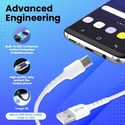 EVM Micro USB Cable 2 A 1 m Micro USB High Speed Charging Data Cable with Advance Technology C-014 (Compatible with Mobile, Tablet, Walkman, Powerbank, White, One Cable)