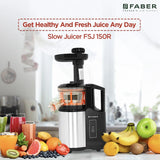 Faber Cold Press Slow Juicer FSJ 150 R, 150W, fruits, vegetables and leafy greens juicing, nut milk extraction, multiple juices at one touch||150W||2 year warranty || 60 RPM slow juice motor, Black