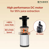 Faber Cold Press Slow Juicer FSJ 150 R, 150W, fruits, vegetables and leafy greens juicing, nut milk extraction, multiple juices at one touch||150W||2 year warranty || 60 RPM slow juice motor, Black