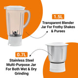 Inalsa Juicer Mixer Grinder 500W- Novis with 2 Jars|1.5L Blender Jar,0.7L SS Multipurpose Jar|Nozzle Cap|Shockproof Body Design,Overload Protection for Safety|ISI Marked, Made In India, White, Medium