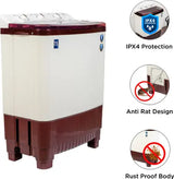 Midea 7.5 KG Semi Automatic Top Loading Washing Machine, Rust proof Body, Air Dry Function with 1300 RPM (MWMSA075PPG, Maroon White)