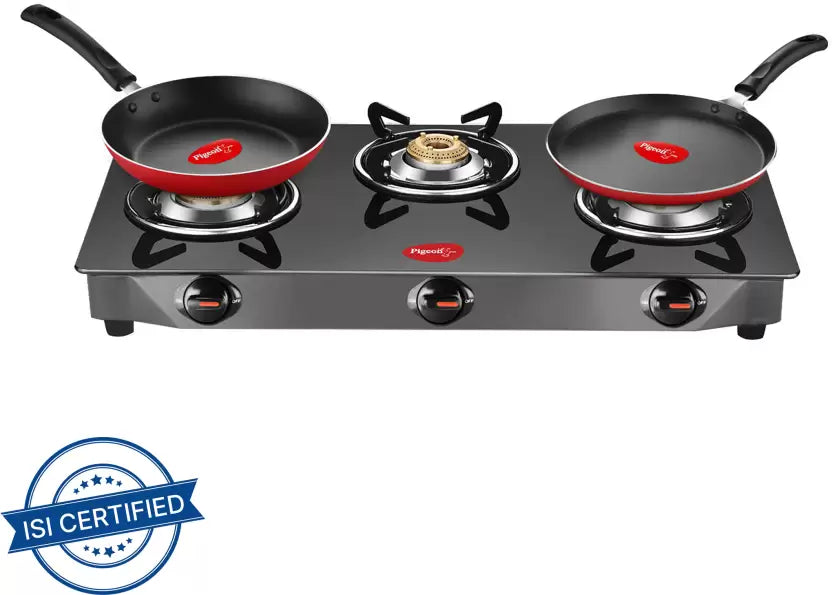 Pigeon Combo - Brunet Cooktop + Flat tawa 250 + Fry Pan 240 Glass Manual Gas Stove 3 Burner