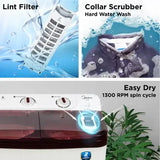 Midea 7.5 KG Semi Automatic Top Loading Washing Machine, Rust proof Body, Air Dry Function with 1300 RPM (MWMSA075PPG, Maroon White)