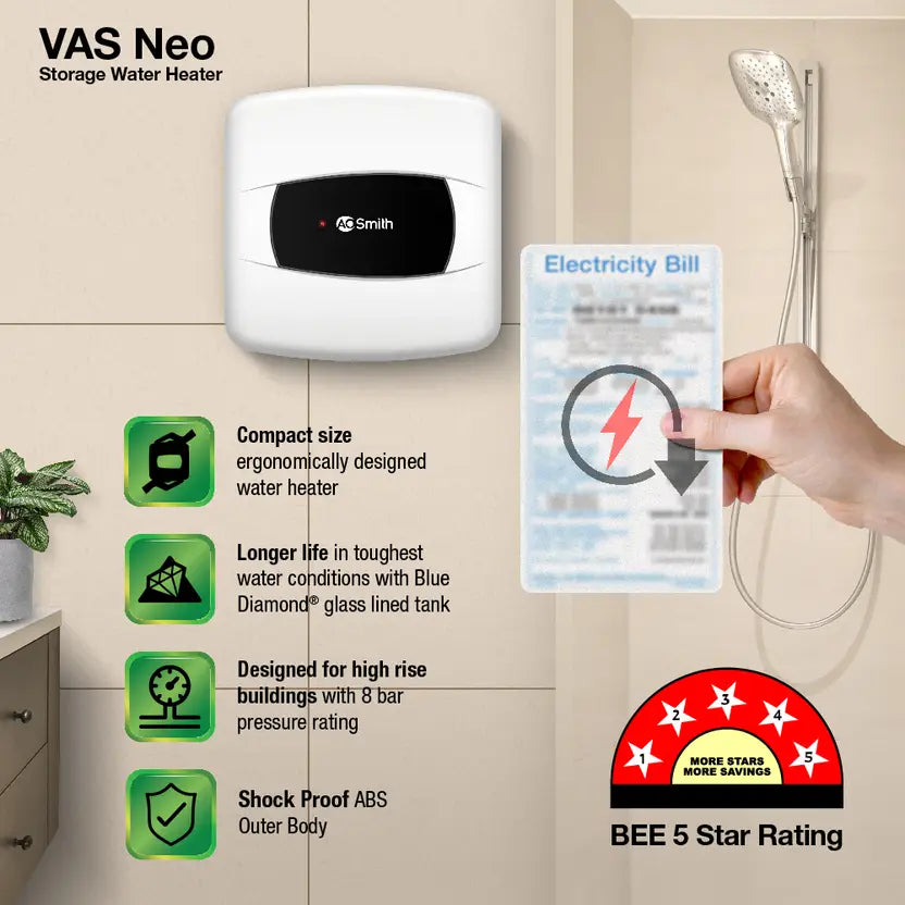 AO Smith 15 L Storage Water Geyser (VAS-NEO-015, Black, White)