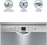 Bosch 13 Place Setting Dishwasher with Intensive Kadhai Program, No Pre-Rinse, 70⁰ Hot water wash, Half Load Option & Extra Cutlery Box - (SMS66GI01I, Silver, Glass Protection Technology)