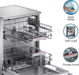 Bosch 13 Place Setting Dishwasher with Intensive Kadhai Program, No Pre-Rinse, 70⁰ Hot water wash, Half Load Option & Extra Cutlery Box - (SMS66GI01I, Silver, Glass Protection Technology)