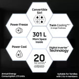 SAMSUNG 301 L Frost Free Double Door 2 Star Convertible Refrigerator with Convertible 5-in-1 , Digital Inverter with Display