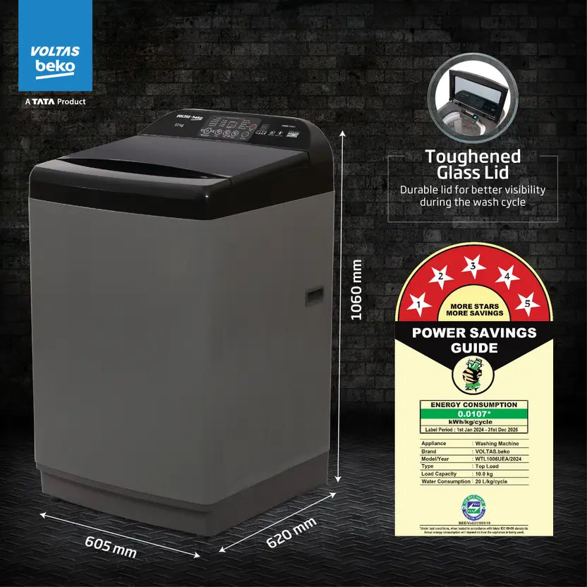 Voltas Beko, A Tata Product 10 Kg 5 Star Fully-Automatic Top Loading Washing Machine (WTL1006UEA/OBS1060, Grey, Double Waterfall Technology)